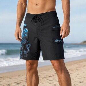 Tormenter Octopus Graphic Board Shorts Mens 38 Black Blue Fishing Swim Trunks